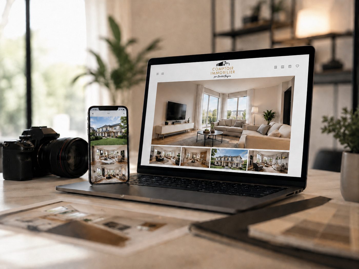 Outils visuels de présentation d’un bien immobilier sur ordinateur et smartphone