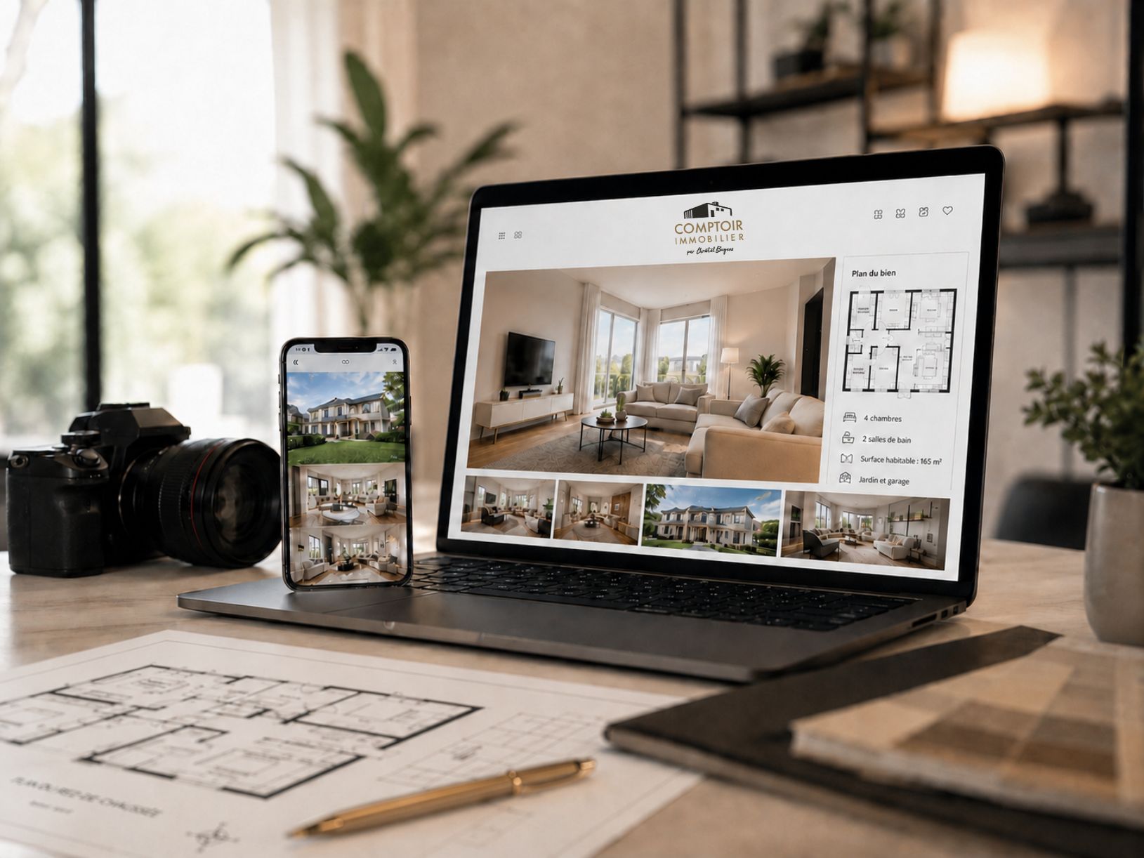 Outils visuels de présentation d’un bien immobilier sur ordinateur et smartphone