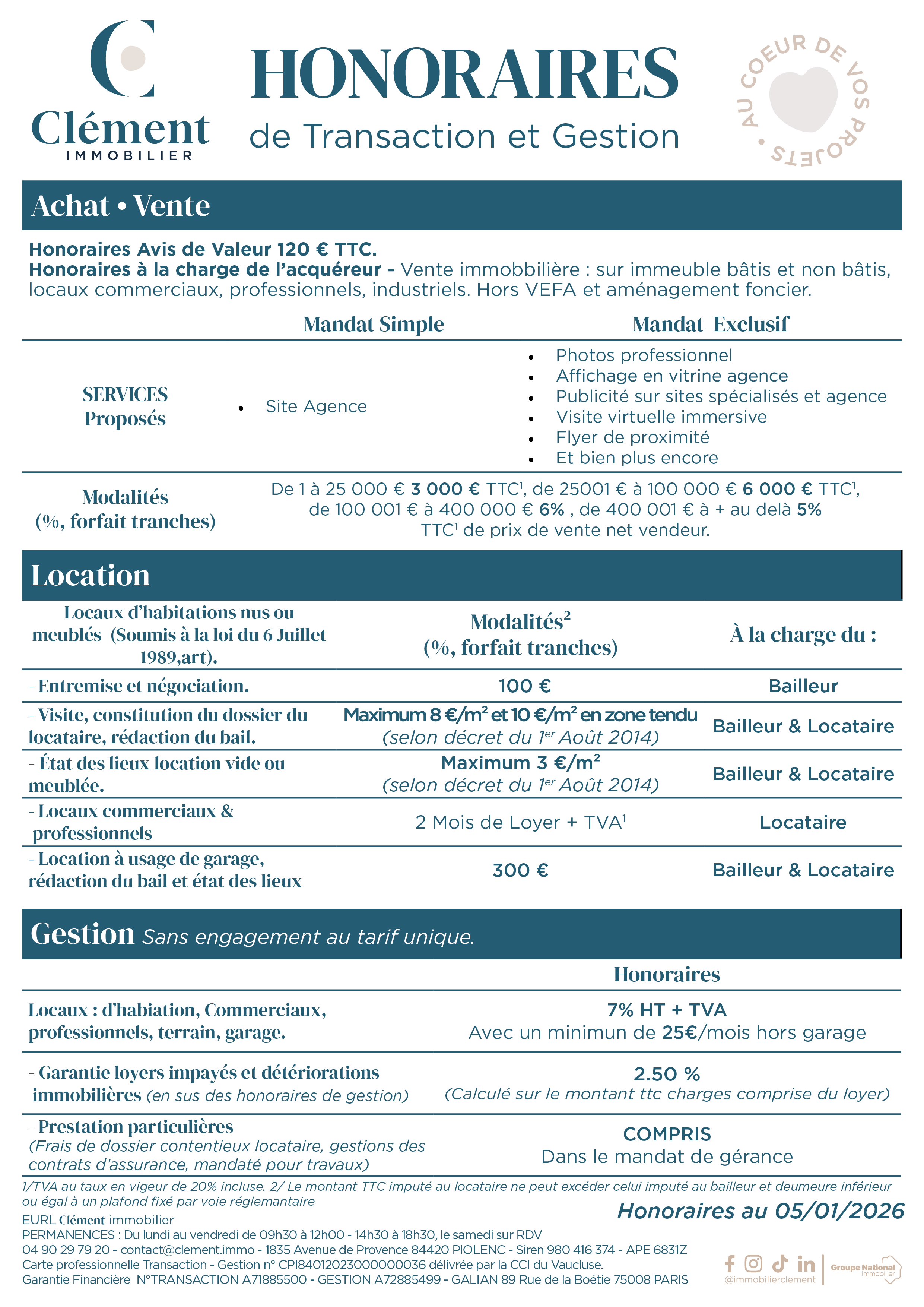 Honoraires Clément immobilier