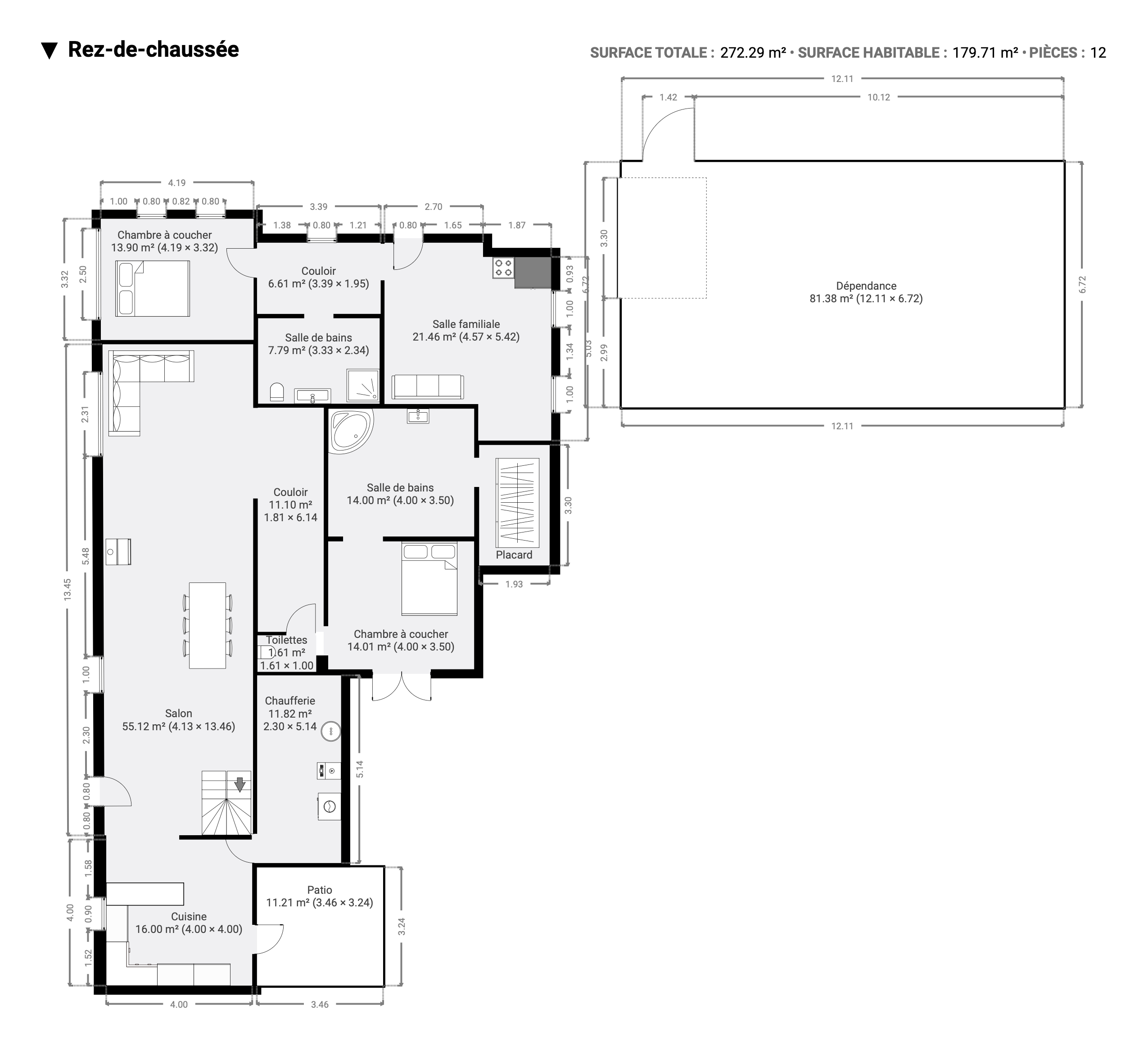 Plan 2D professionnel d'une maison avec disposition des pièces, dimensions, superficies et dépendance, réalisé par Immobilière Liberty pour la commercialisation immobilière.