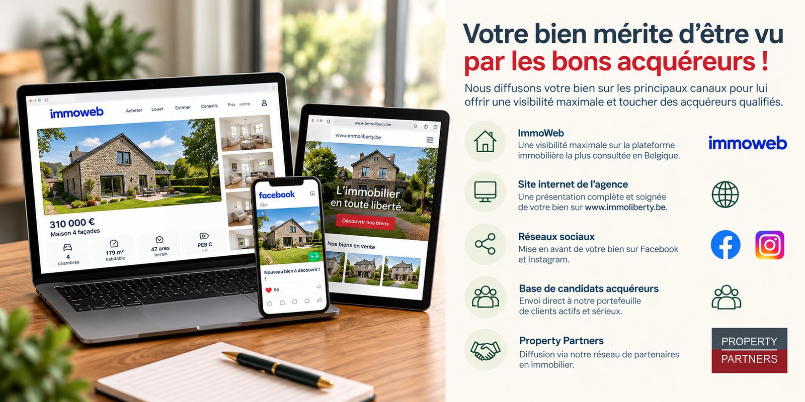 Diffusion d'annonces immobilières par Immobilière Liberty sur Immoweb, le site de l'agence, les réseaux sociaux et le réseau Property Partners, avec présentation des biens aux acquéreurs.