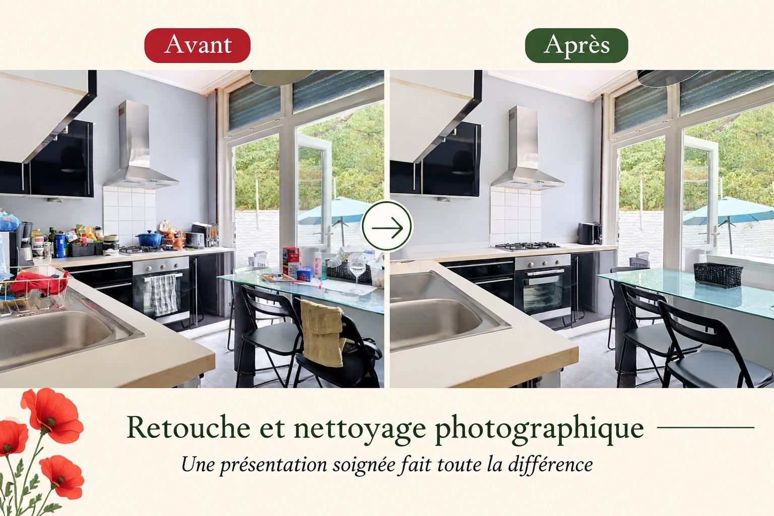 Avant et après nettoyage photographique virtuel d'une cuisine avec intelligence artificielle, réalisé par Immobilière Liberty pour valoriser un bien immobilier.