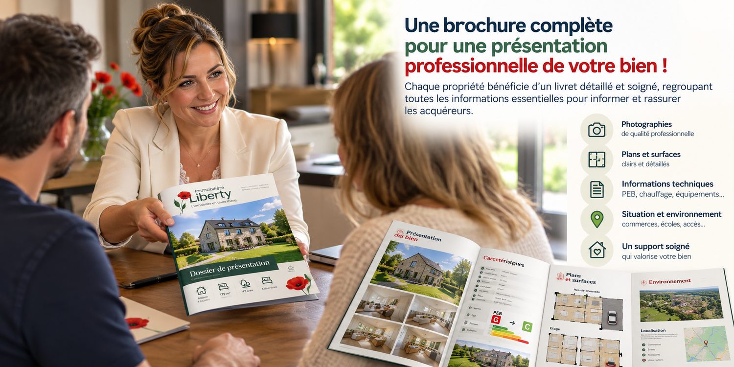 Remise d'une brochure immobilière A4 par Immobilière Liberty à des acquéreurs, présentant les photographies, plans et caractéristiques détaillées d'une maison.