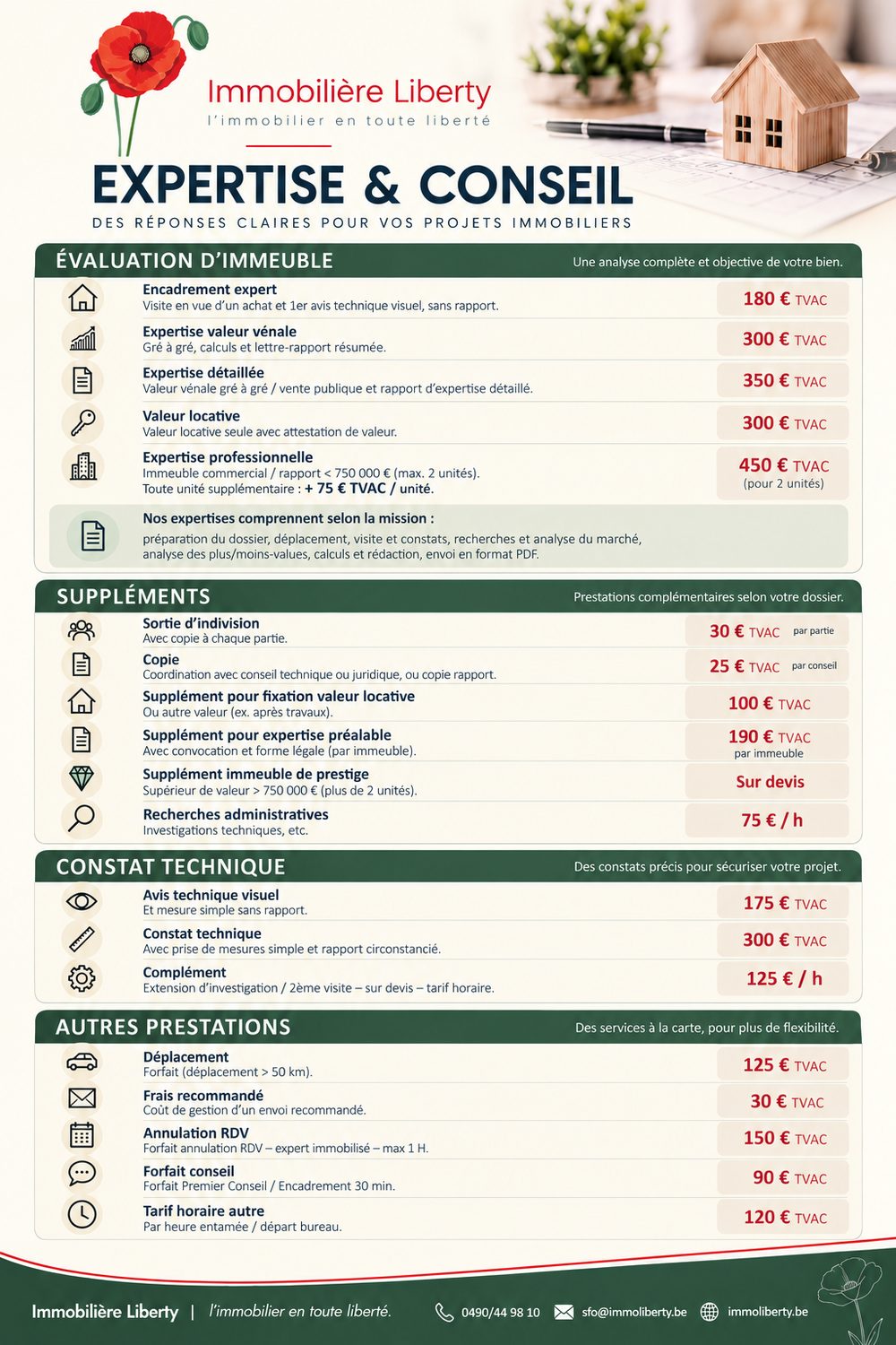 Grille tarifaire des expertises immobilières d'Immobilière Liberty : évaluation de biens, valeur vénale et locative, expertise détaillée, avis technique avant achat et conseils immobiliers en provinces de Namur et de Luxembourg.