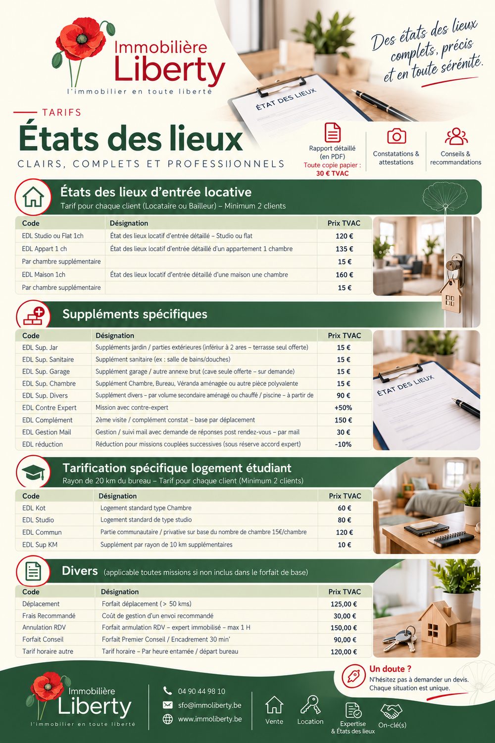 Grille tarifaire des états des lieux locatifs d'Immobilière Liberty : états des lieux d'entrée pour maisons, appartements, studios et logements étudiants en provinces de Namur et de Luxembourg.