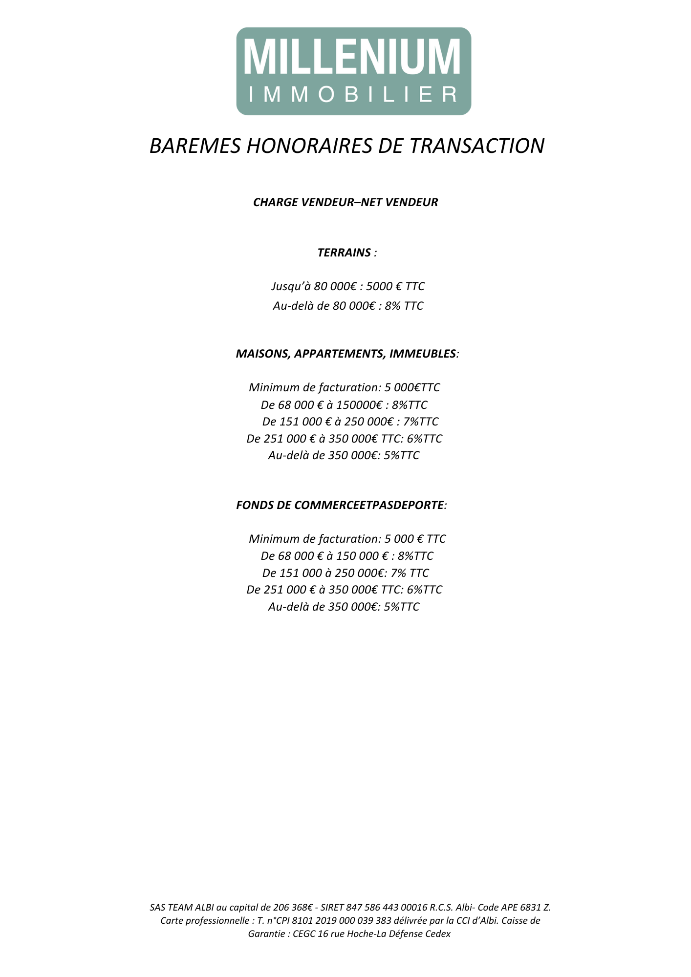 Bareme Honoraires Millenium Immobilier