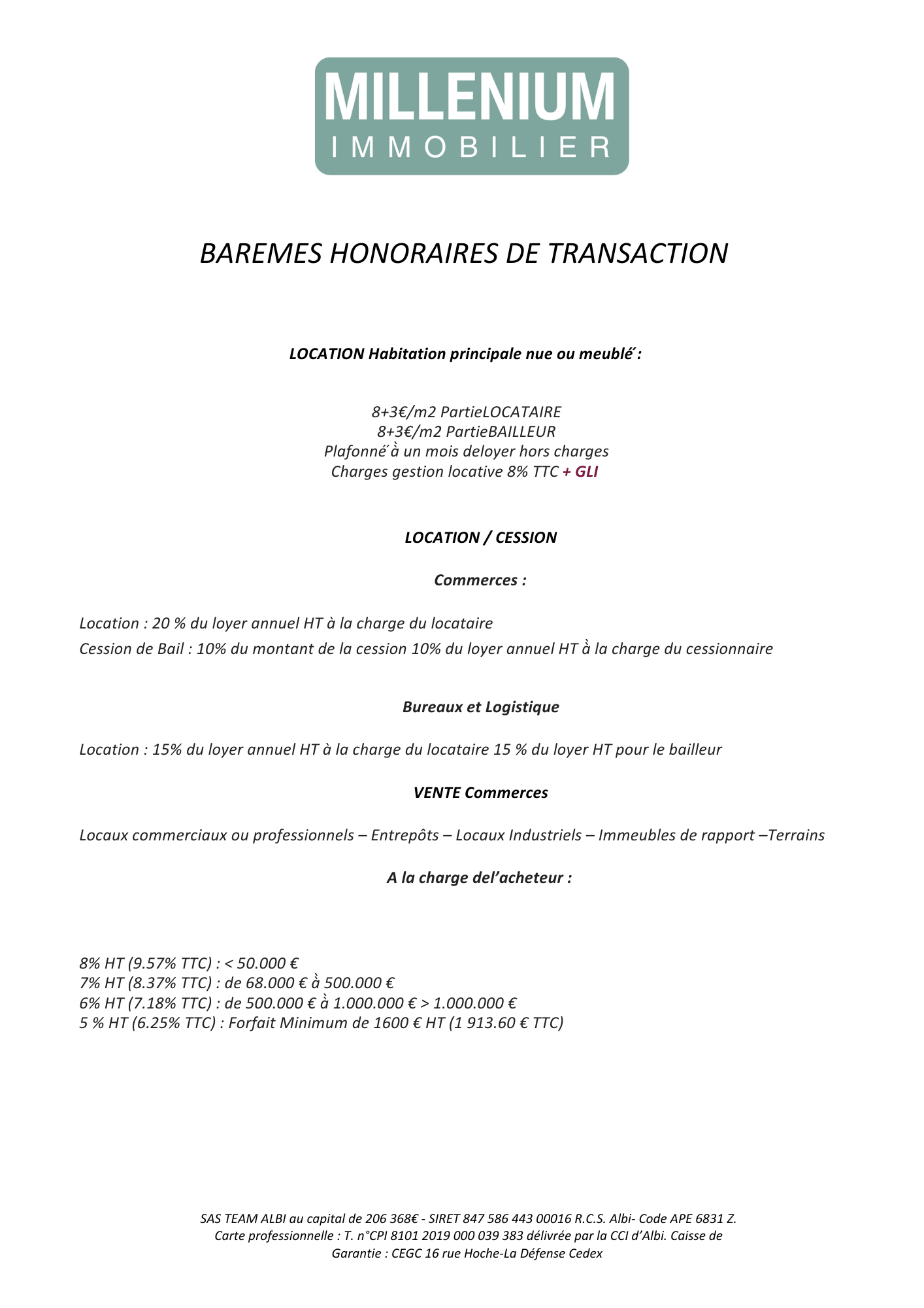 Bareme Honoraires Millenium Immobilier