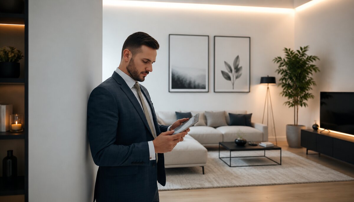 État des lieux réalisé par un expert Optimmo avec tablette dans un appartement