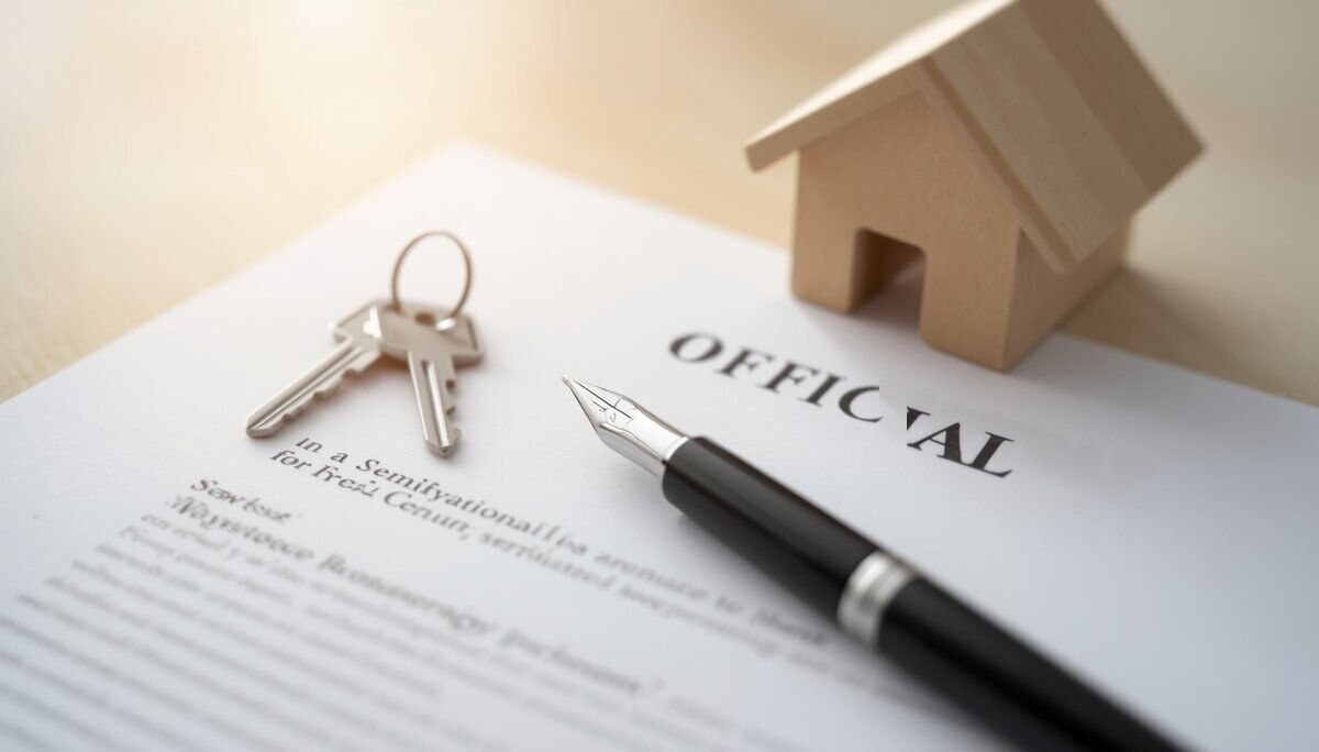 Stylo, clés et maquette de maison sur un document officiel, illustrant les frais de notaire lors d'un achat immobilier en Belgique