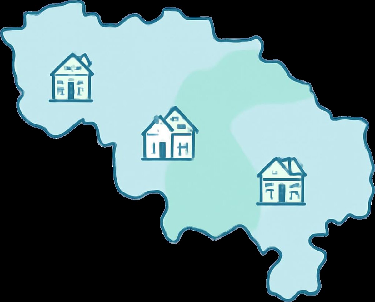 Carte stylisée du Hainaut avec maisons illustrant le marché immobilier à Beloeil, Lessines et Silly