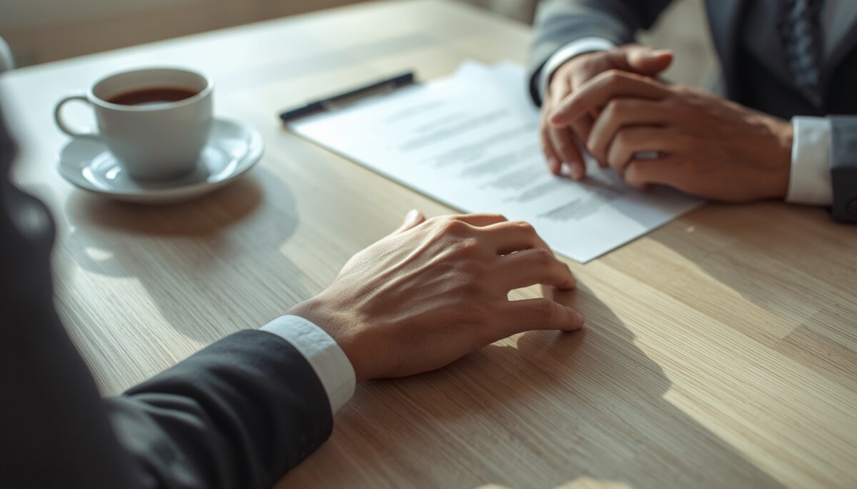 Mains posées sur une table en bois près de documents et d'une tasse de café, ambiance sereine évoquant l'accompagnement d'une vente de bien hérité