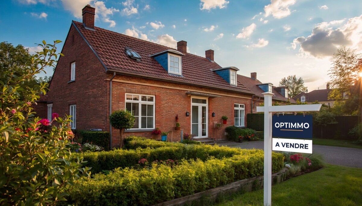 Panneau Optimmo "À vendre" devant une maison en Wallonie picarde